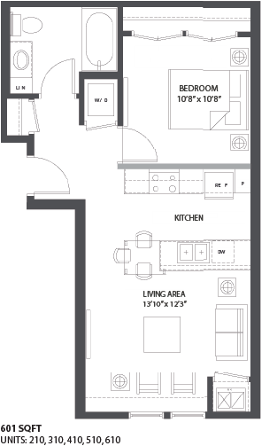 Floor plan for 1 bed, 1 bath, 601 sqft